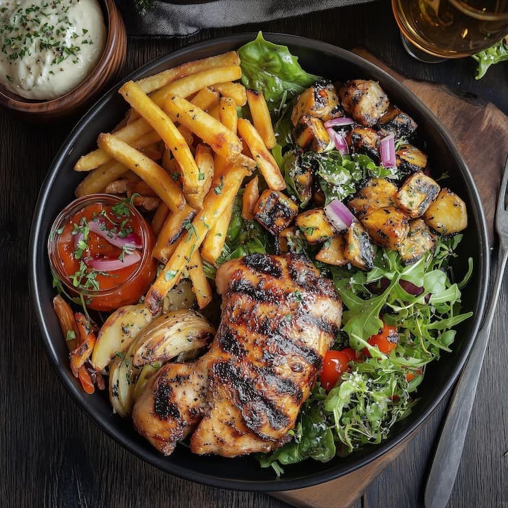 Green smoothie in a glass surrounded by fresh fruit